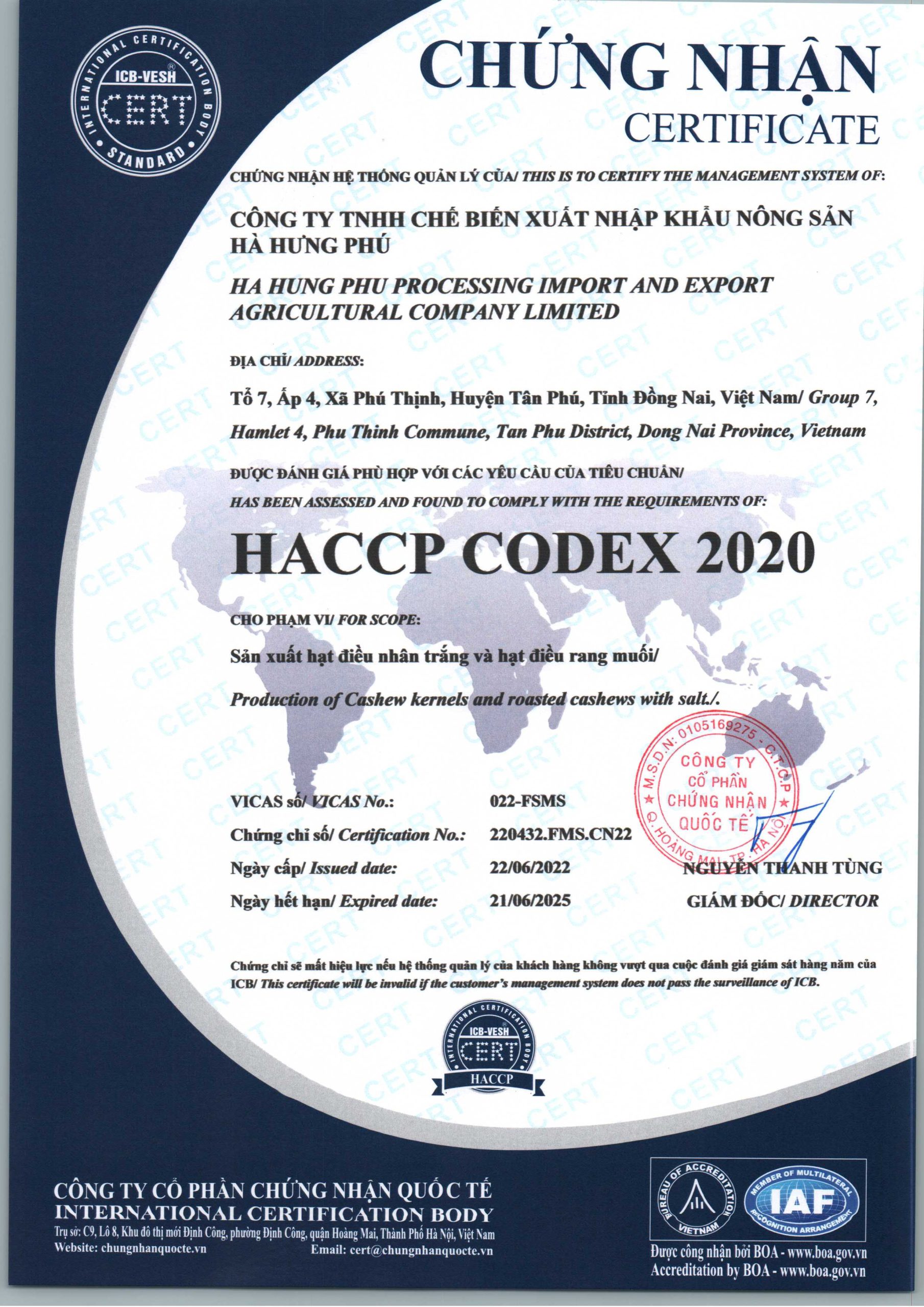 Công ty Hà Hưng Phú đạt chứng nhận HACCP
