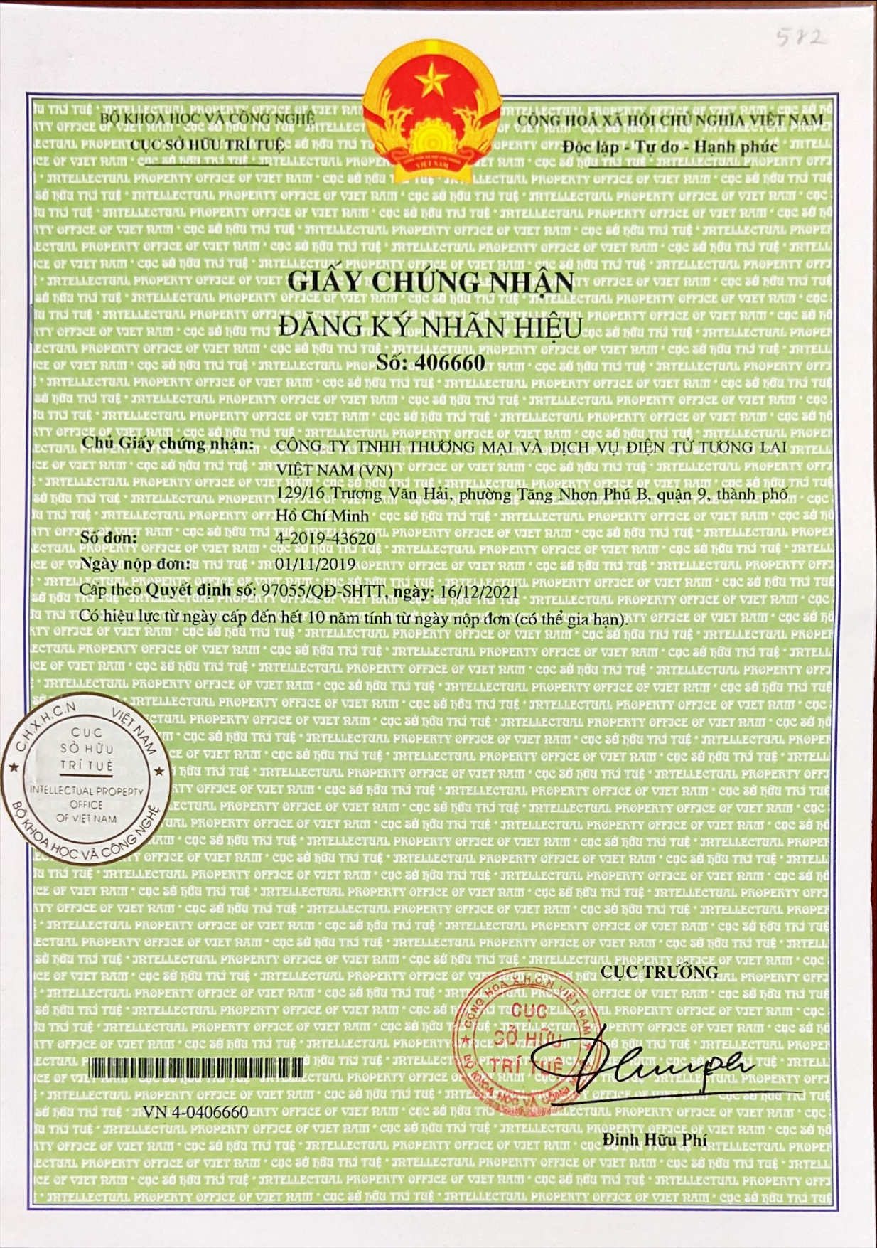 Công ty Giải Pháp Trí Việt gửi giấy chứng nhận đăng ký nhãn hiệu cho công ty THƯƠNG MẠI VÀ DỊCH VỤ ĐIỆN TỬ TƯƠNG LAI